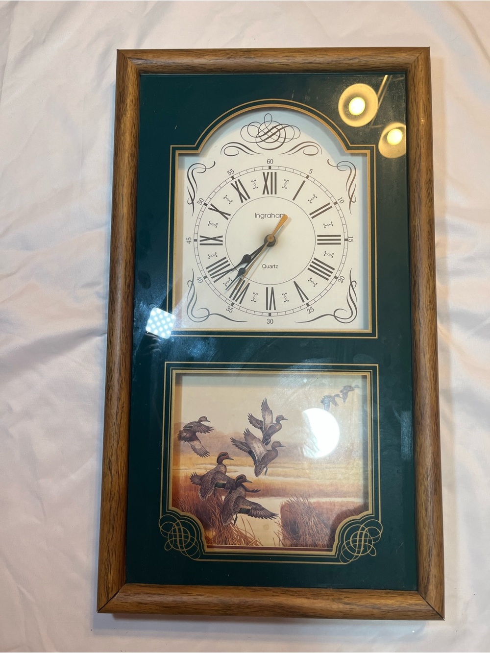 Vintage Ingraham Quartz Clock Wood Frame Flying Duck Mallard Glass Cottagecore